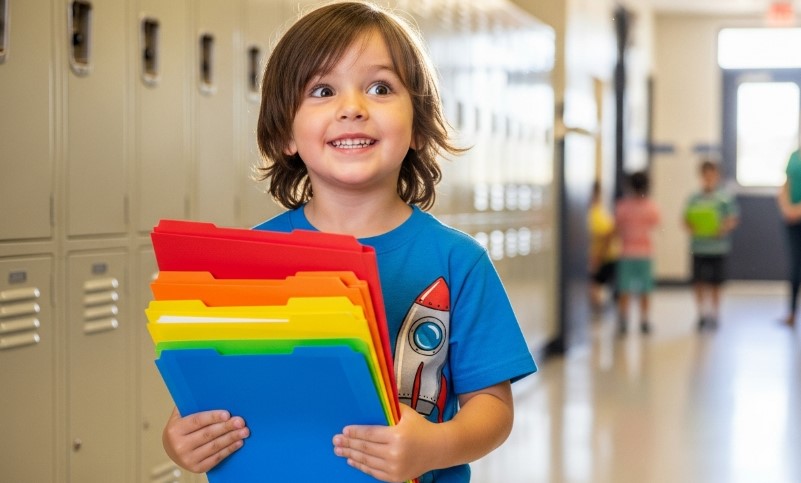 Boy holding color-folded folders while walking through a school halway