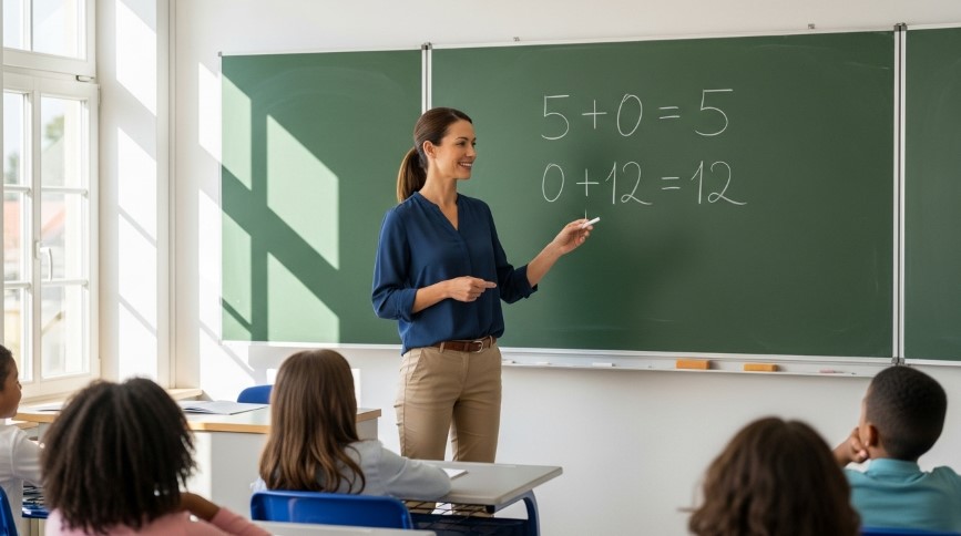 Teacher explains math equation on a green chalkboard to young students