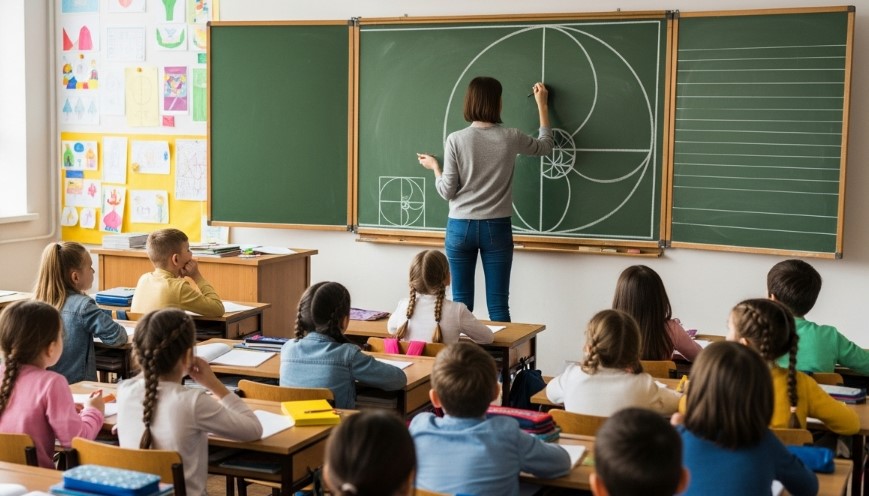 Teacher drawing Fibonacci sequence on a chalk board