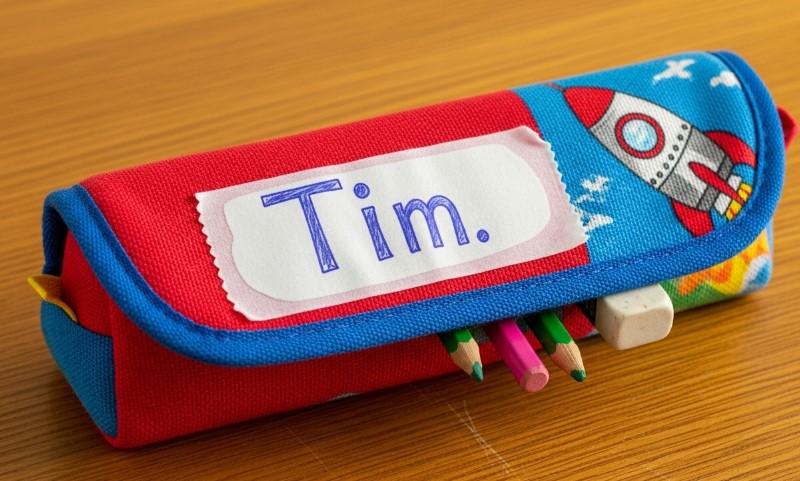 Pencil case labeled with "Tim"