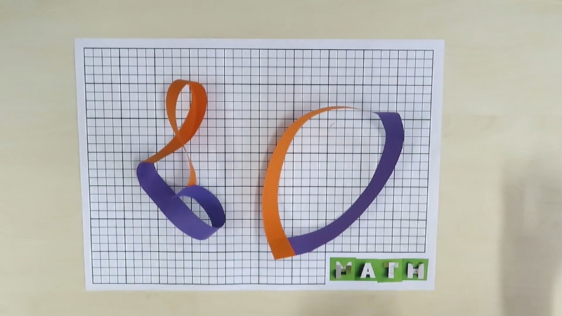Two colorful paper Möbius strips sit on graph paper labeled with the word "MATH"