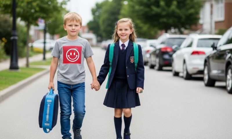Two children, a boy and a girl, walk hand-in-hand down a tree-lined street, their backpacks ready for a day of school