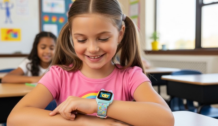 A young girl smiles while wearing a smartwatch on her wrist
