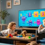 Three young children actively engaged in watching an educational program on a large television screen displaying a colorful math problem involving animated monsters