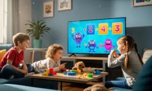 Three young children actively engaged in watching an educational program on a large television screen displaying a colorful math problem involving animated monsters