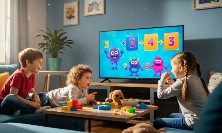 Three young children actively engaged in watching an educational program on a large television screen displaying a colorful math problem involving animated monsters