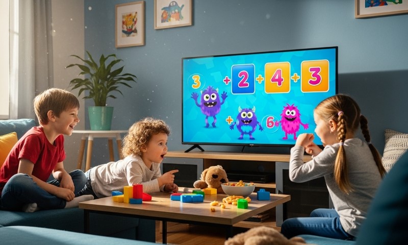 Three young children actively engaged in watching an educational program on a large television screen displaying a colorful math problem involving animated monsters