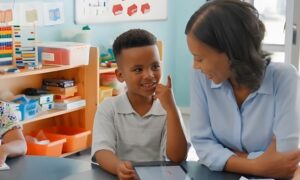 Teacher and student doing homework together on a tablet