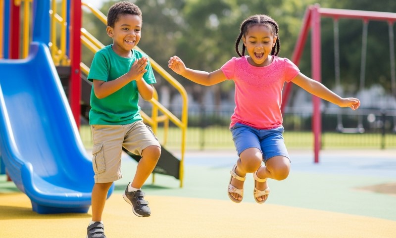 Kids jumping and clapping on a playground