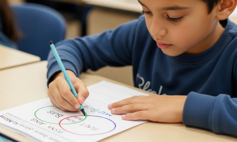Young student focused intently, coloring in a Venn diagram