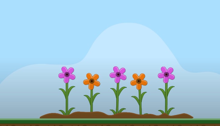 A vibrant cartoon flower field under a blue sky with fluffy white clouds