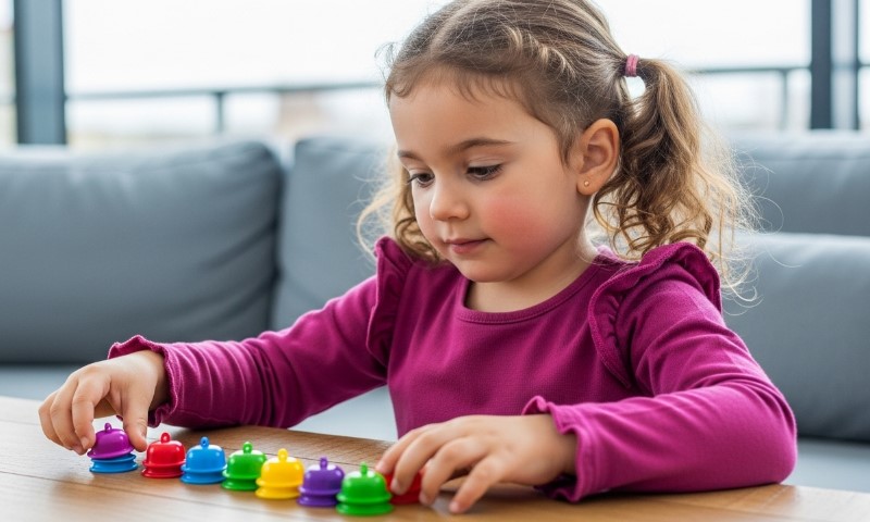 A little girl joyfully playing with a variety of colorful toys scattered around her