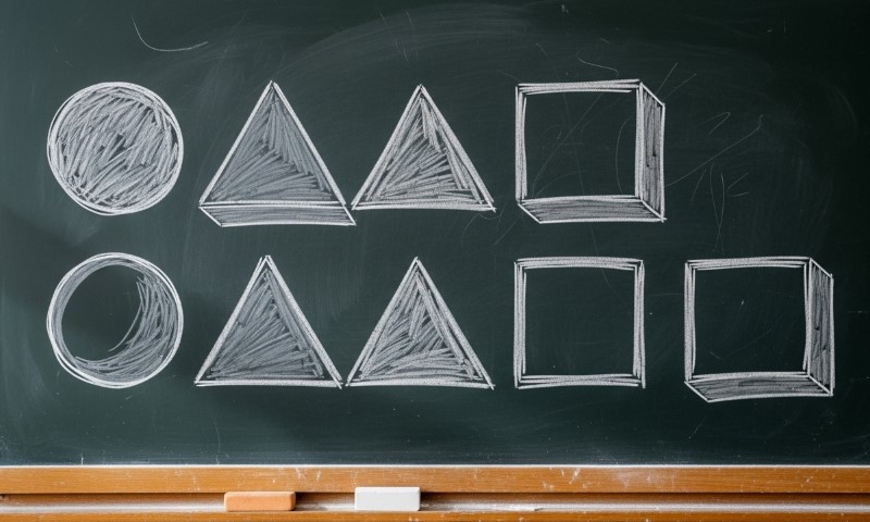 Circles, triangles and squares creating a pattern on a school black board