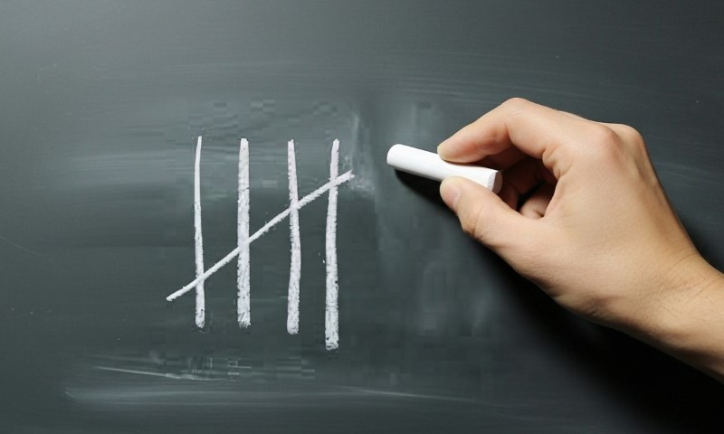Hand drawing tally marks on school blackboard
