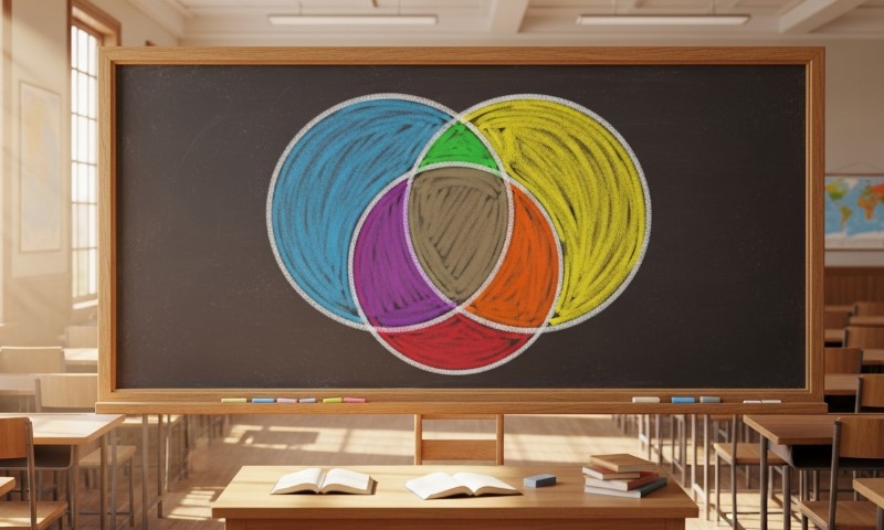 A classroom featuring a chalkboard displaying three colored circles in a row