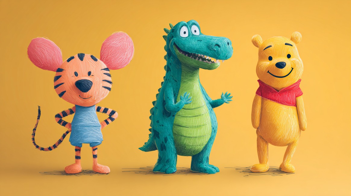 Three friendly cartoon characters standing side by side on a yellow background