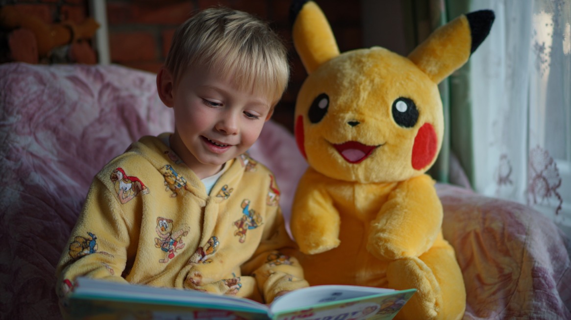 A young child reading a book beside a Pikachu plush toy on a couch