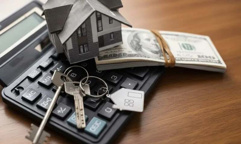 Small house model, a stack of cash and house keys resting on a black calculator