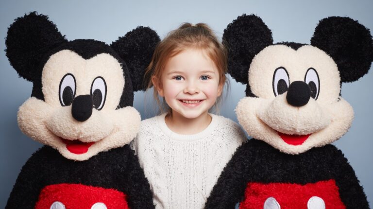 A smiling child standing between two Mickey Mouse plush toys