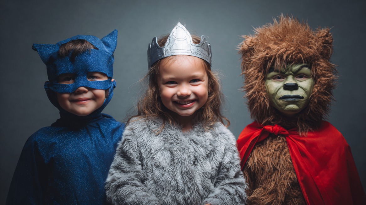 Three young children dressed in creative character costumes and smiling