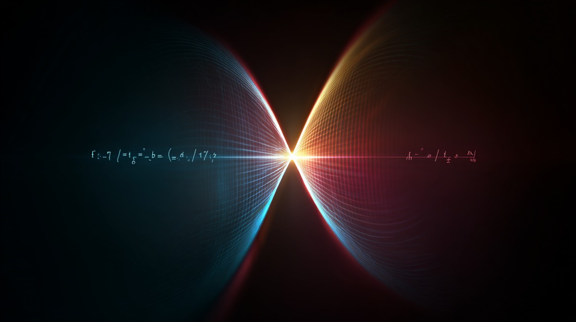 Abstract glowing graph with mirrored curves and mathematical notation
