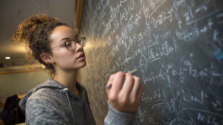 Student writing complex integral equations on a chalkboard