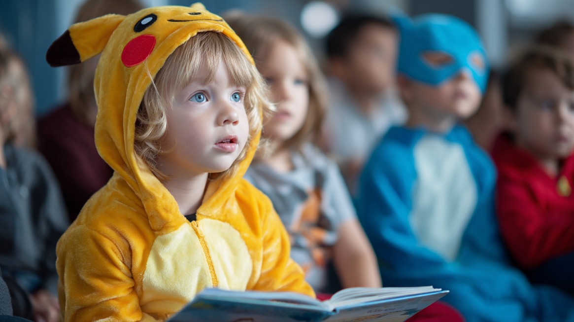 Young children in character costumes sitting together and listening attentively