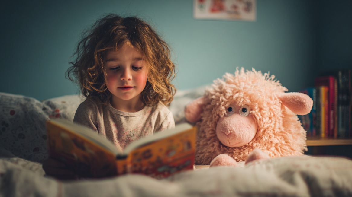 A young child reading a book in bed next to a stuffed sheep toy