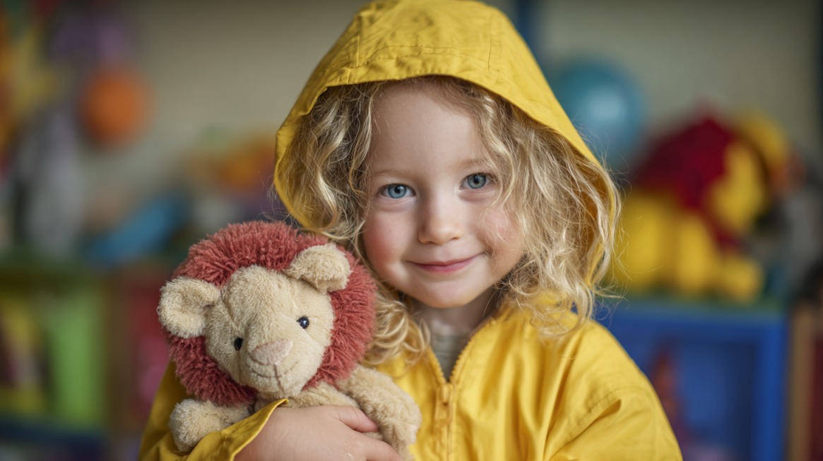 A smiling child in a yellow jacket holding a stuffed lion