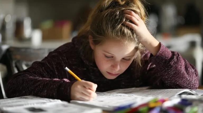 A young girl sits at a table concentrating on homework, writing in a notebook while holding her head with one hand