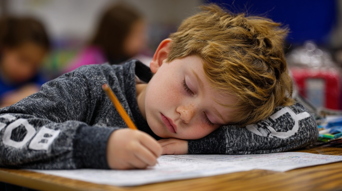 A young child falls asleep on a desk while holding a pencil over unfinished schoolwork