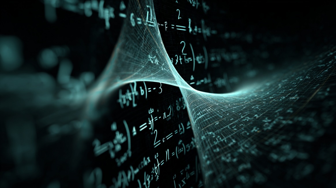 Abstract curved surface overlaid with mathematical formulas and integral expressions