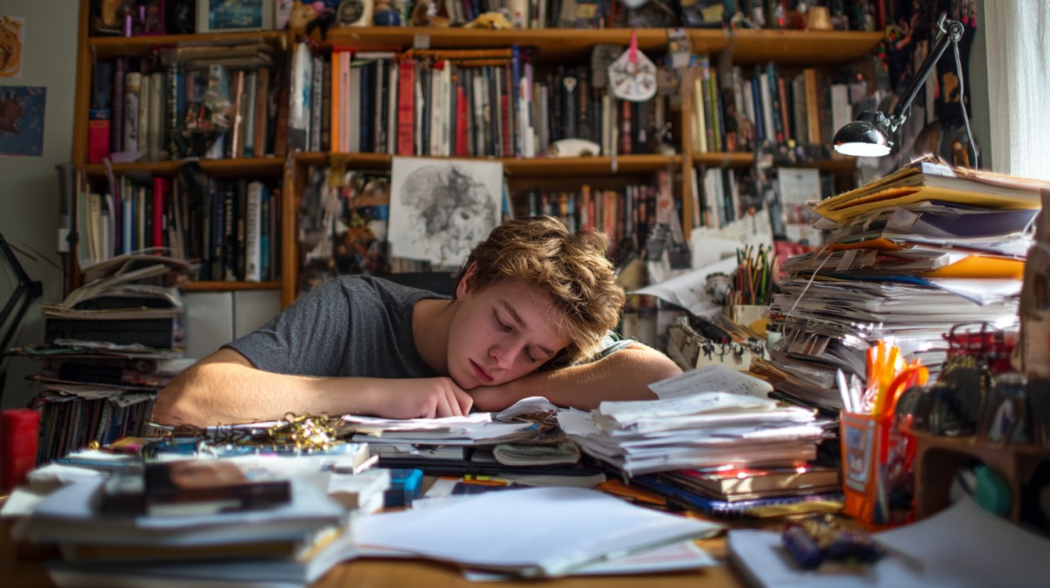 A tired student sleeps on a cluttered desk surrounded by stacks of papers and books