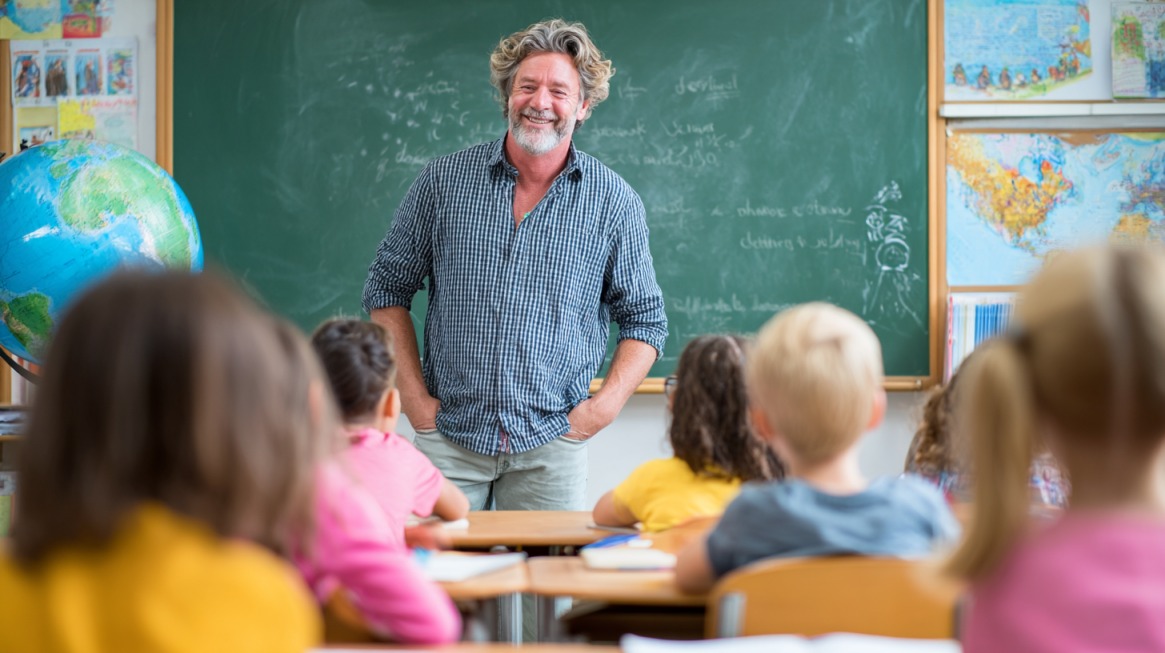 A teacher stands smiling at the front of a classroom while young students sit at their desks facing him
