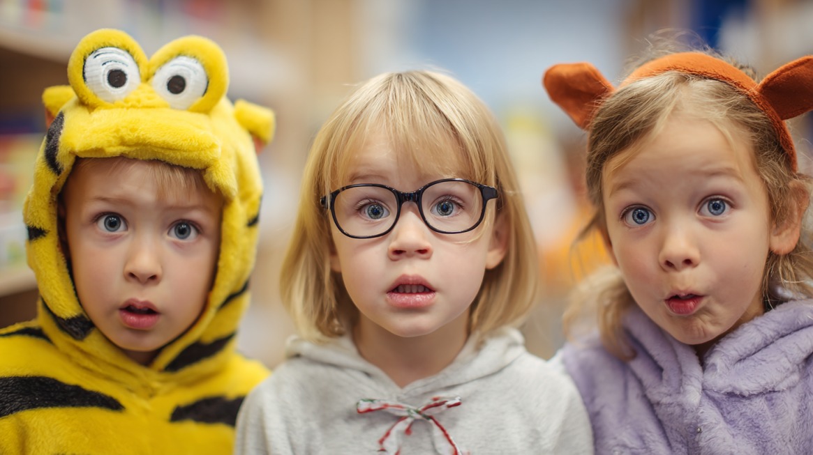Three young children wearing playful costumes and reacting with surprise