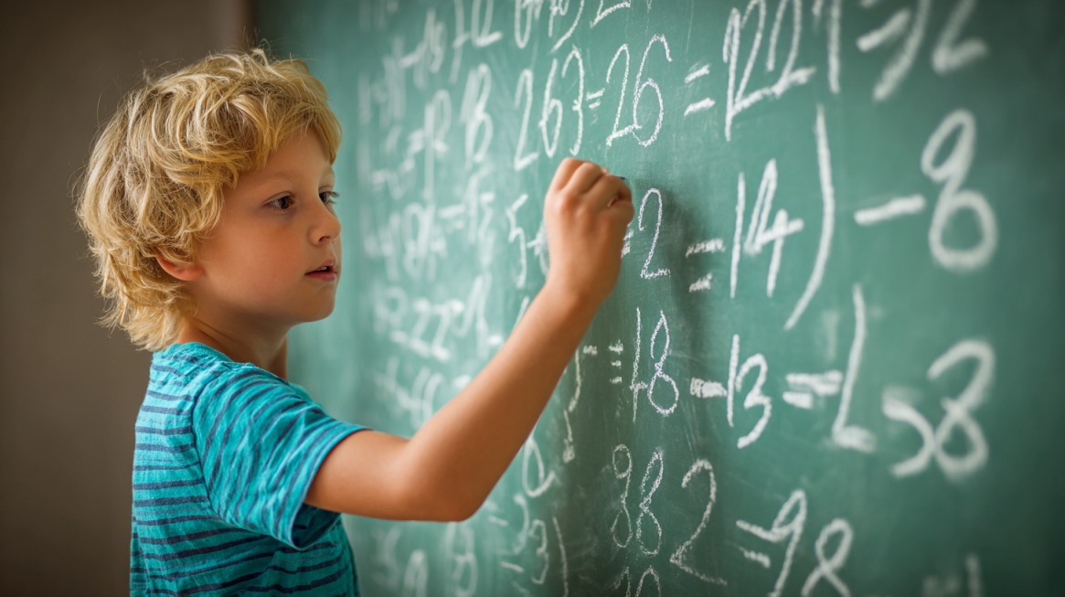 Young child writing numbers on a classroom chalkboard
