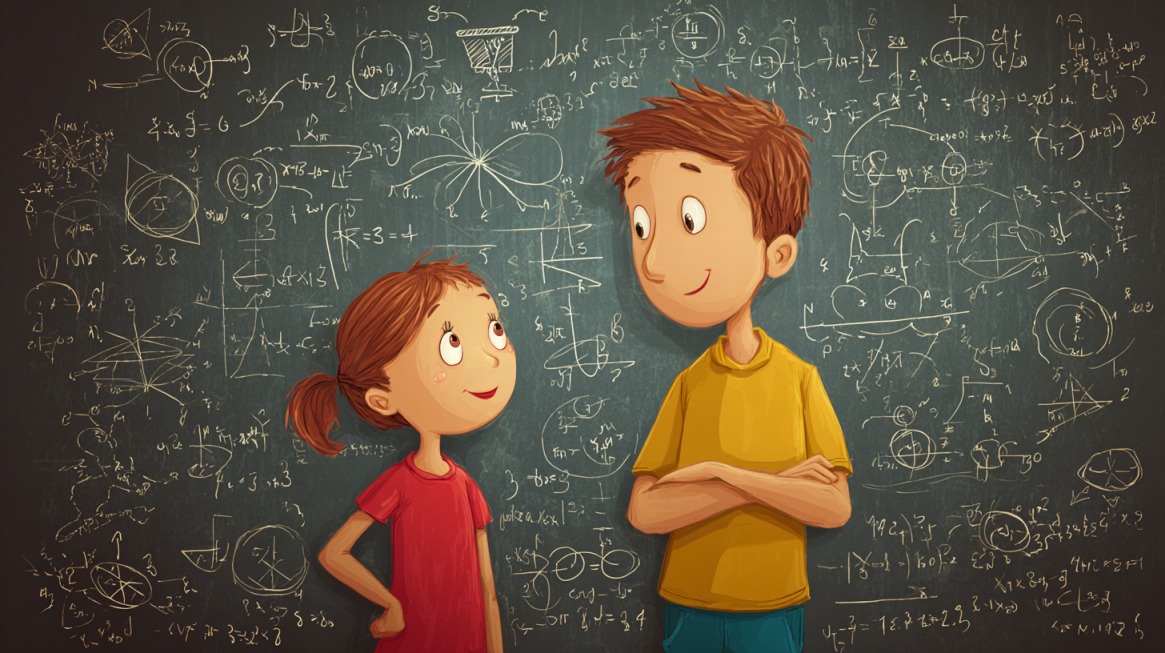 Two illustrated children standing in front of a chalkboard filled with math symbols