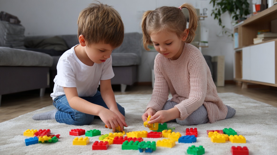 Two young children playing with colorful building blocks indoors