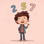 Cartoon child smiling with the numbers 2, 5, and 7 floating above their head