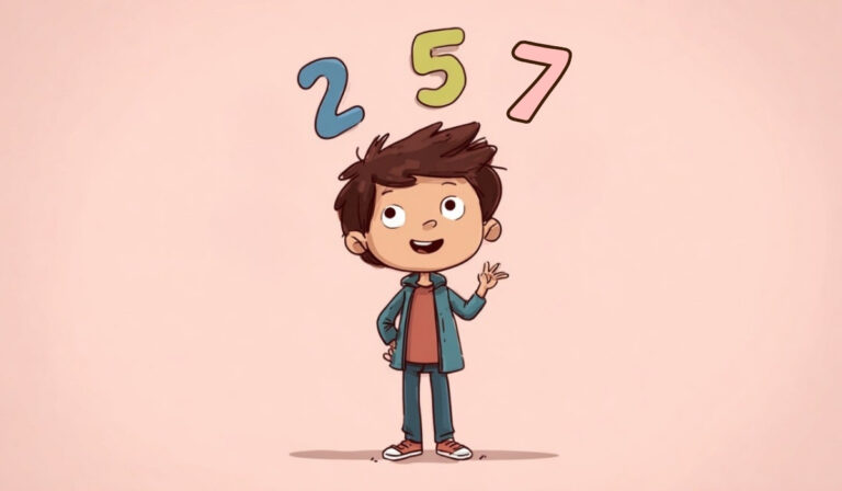 Cartoon child smiling with the numbers 2, 5, and 7 floating above their head
