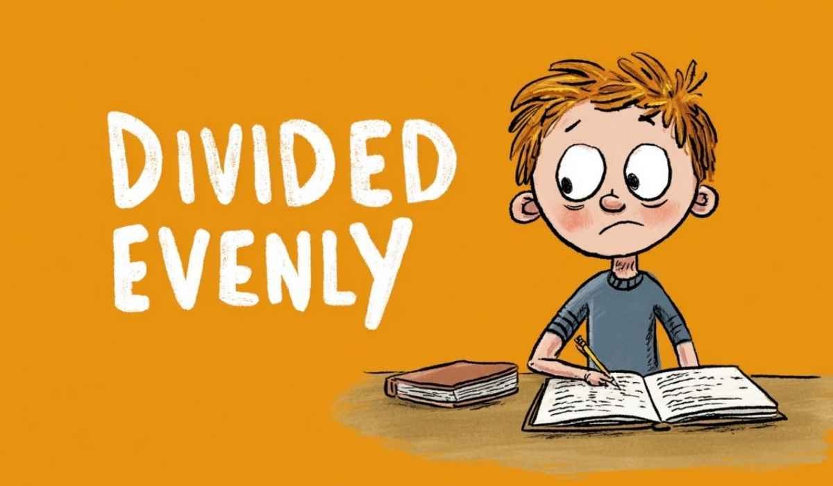 Illustration of a child studying with the words divided evenly on a yellow background