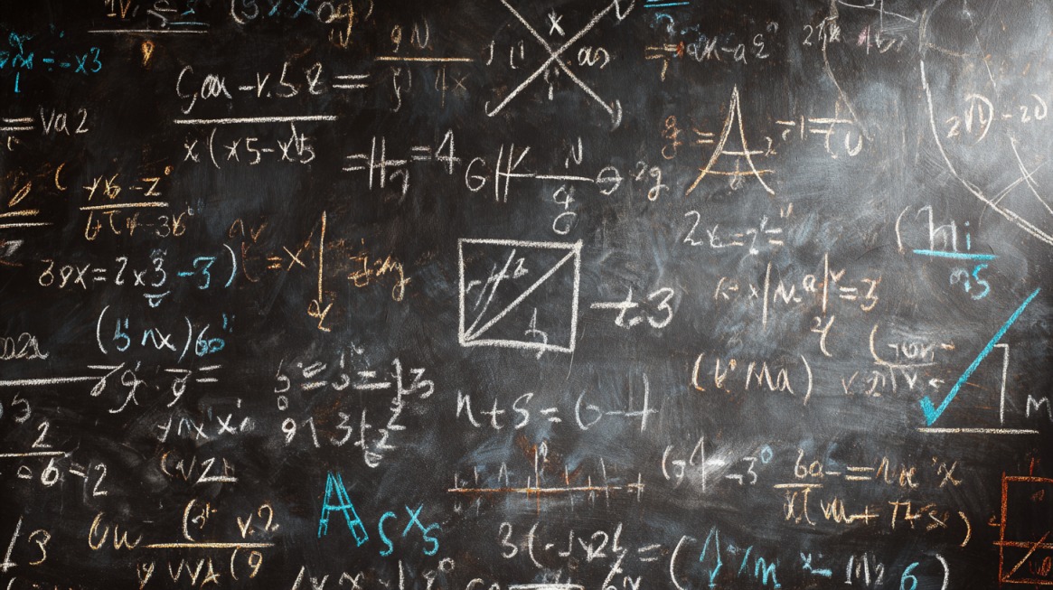 Blackboard filled with advanced algebra and geometry equations written in chalk