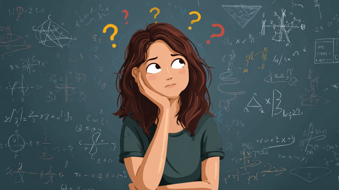 Illustration of a thoughtful student surrounded by math formulas and question marks