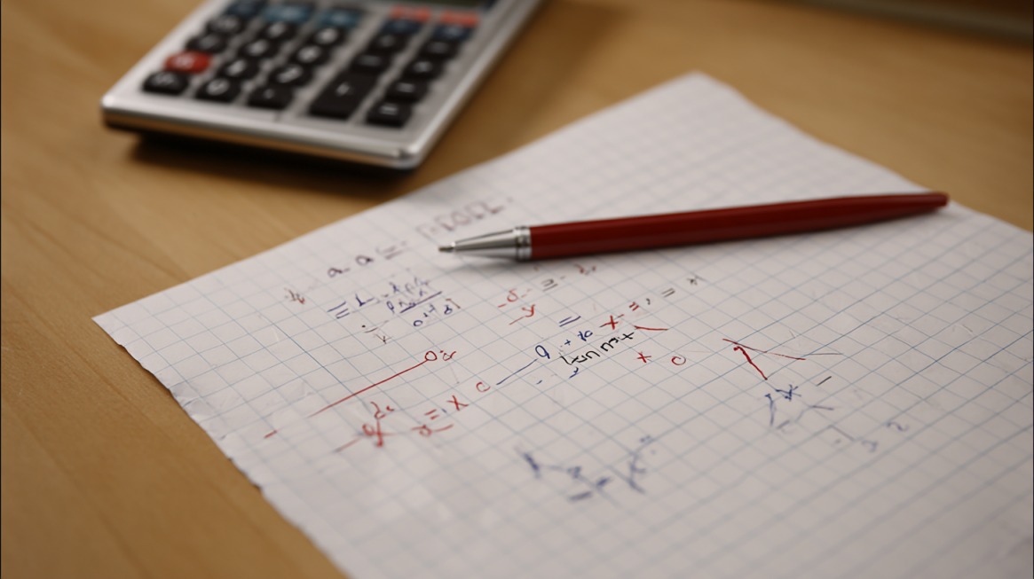Graph paper with algebra calculations, a red pen, and a calculator on a desk.