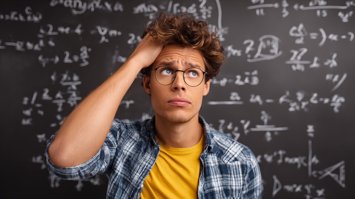 Student looking confused in front of a chalkboard filled with algebra equations