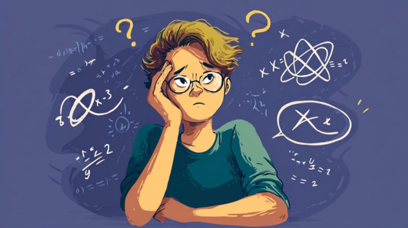 Illustration of a confused student with math symbols and question marks around them