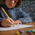 Student writing math equations on paper with algebra formulas displayed in the background.