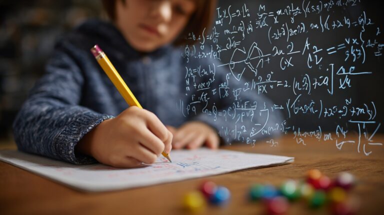 Student writing math equations on paper with algebra formulas displayed in the background.