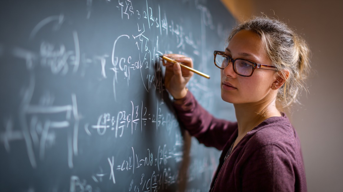 Teacher writing complex mathematical equations on a classroom chalkboard