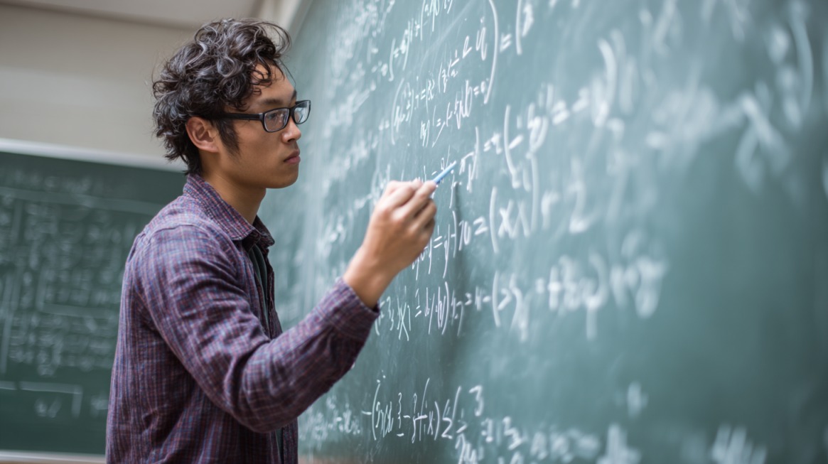 Student solving advanced math equations on a chalkboard